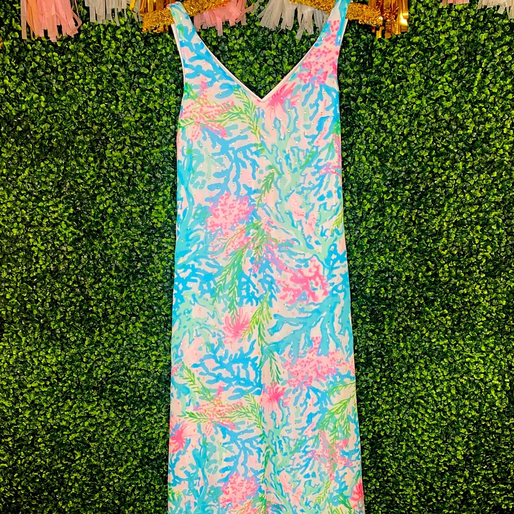 NEW Lilly Pulitzer LANI MAXI DRESS Coral Bay Blue Pink White GORGEOUS!  XXS